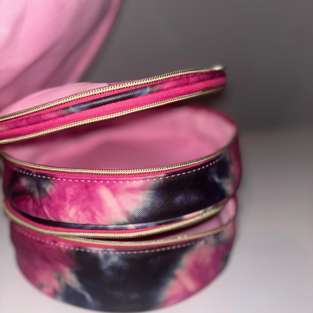 Under One Sky Pink Tie Dye Round Double Layer Cosmetic Case Makeup Train Bag - Picture 4 of 10